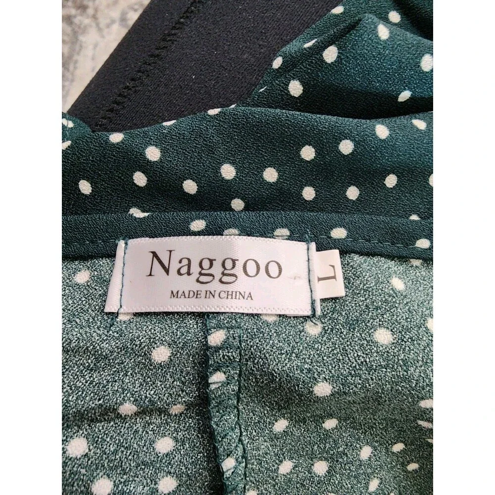Naggoo Wrap Midi Dress Green Dots V Neck Short Sleeve Ruffle Women’s Large LG - Picture 9 of 10